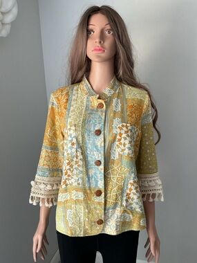 Multiples Womens Jacket PL Boho Hippie Tassels Patchwork Print Floral Geometric